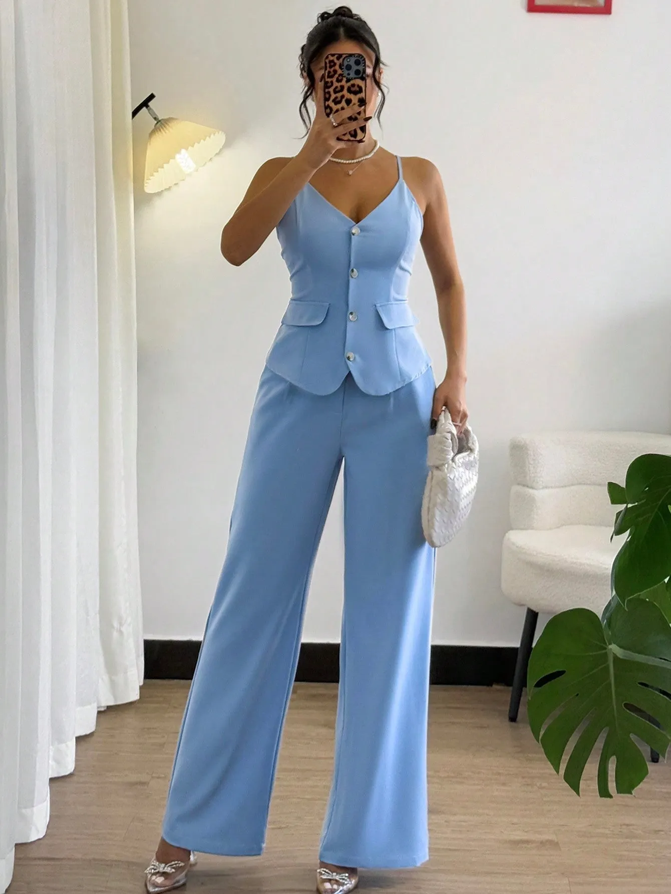 2pc Women Elegant Casual Suspender Jumpsuit Set