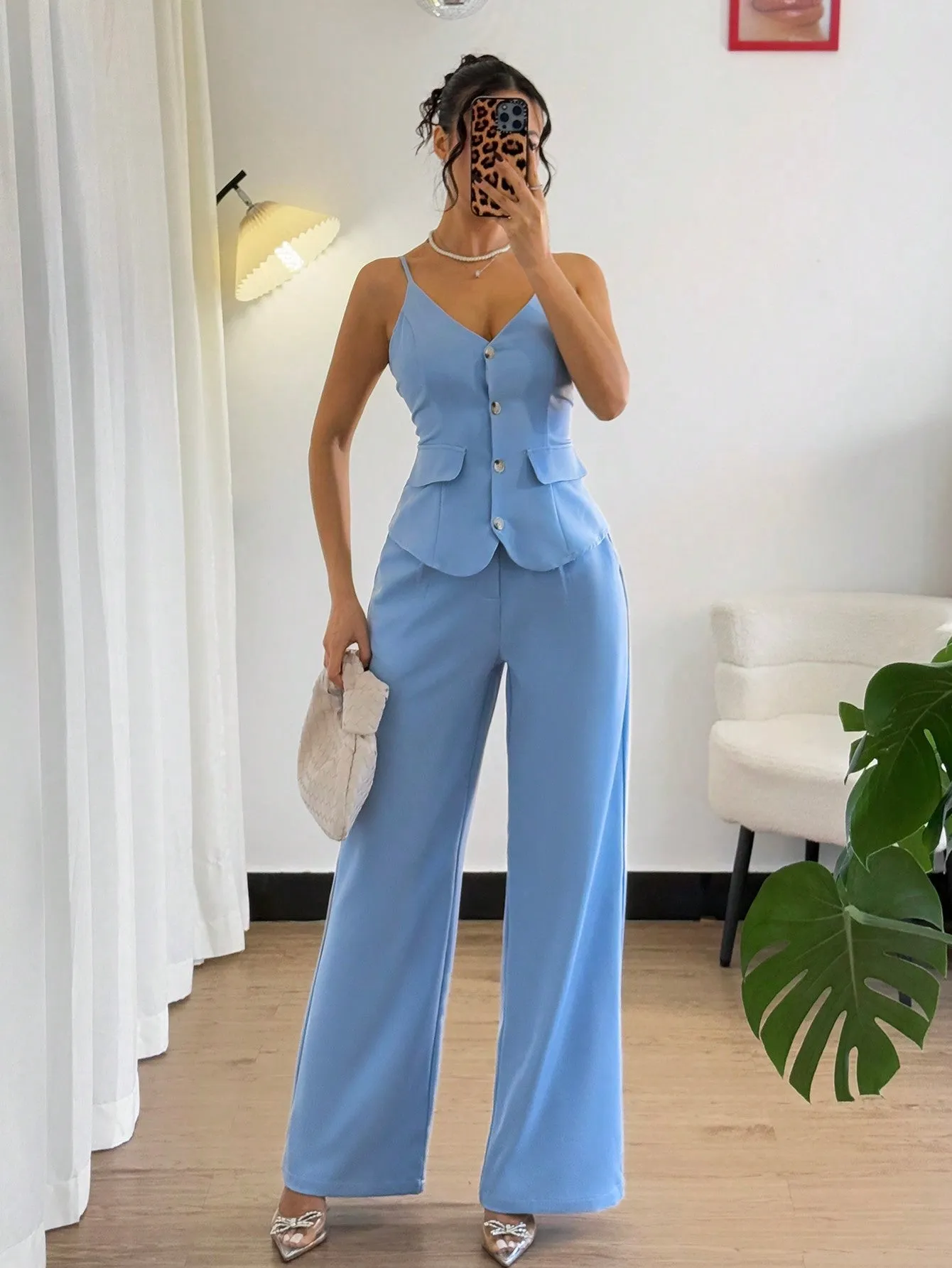 2pc Women Elegant Casual Suspender Jumpsuit Set