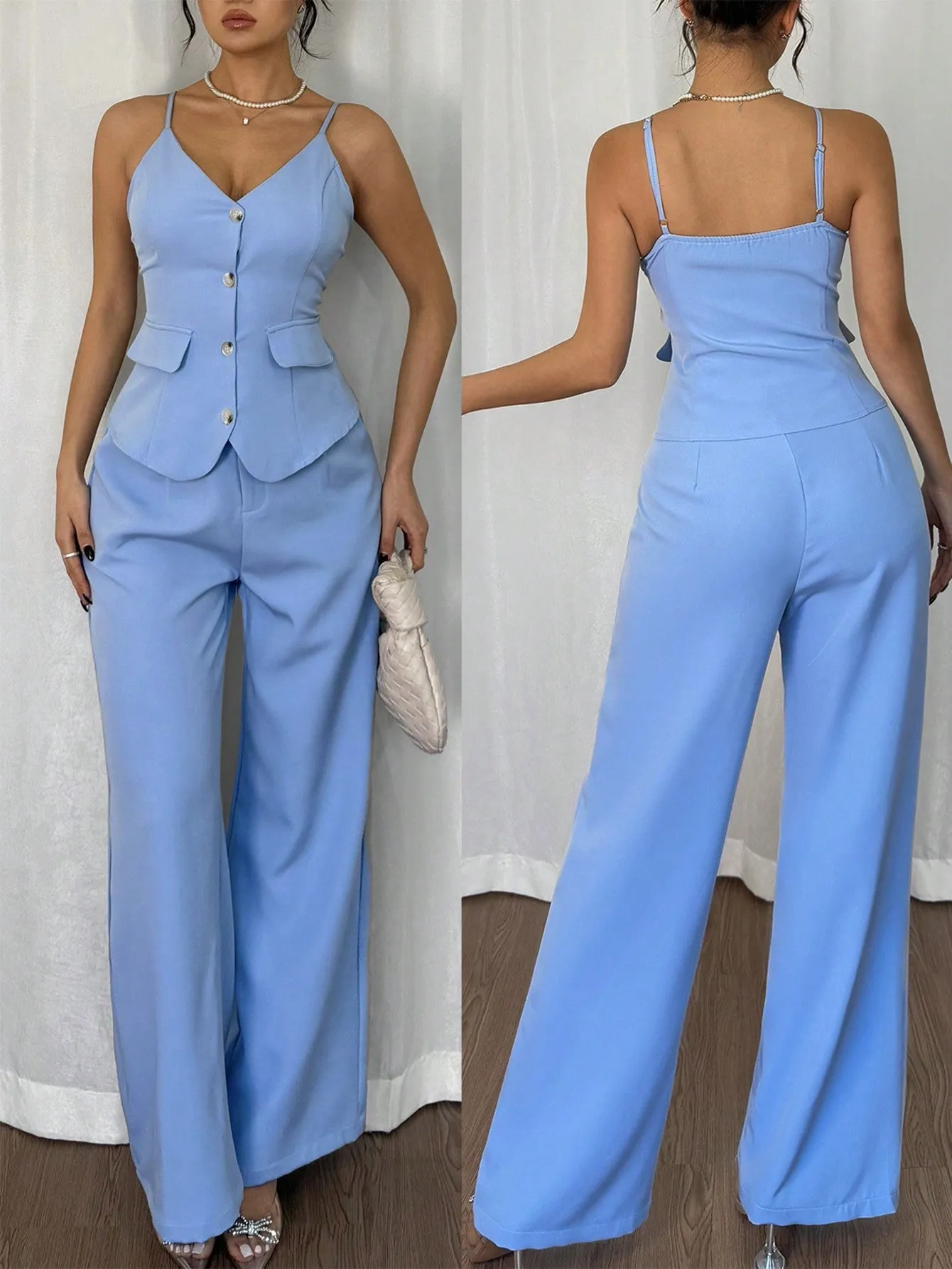 2pc Women Elegant Casual Suspender Jumpsuit Set
