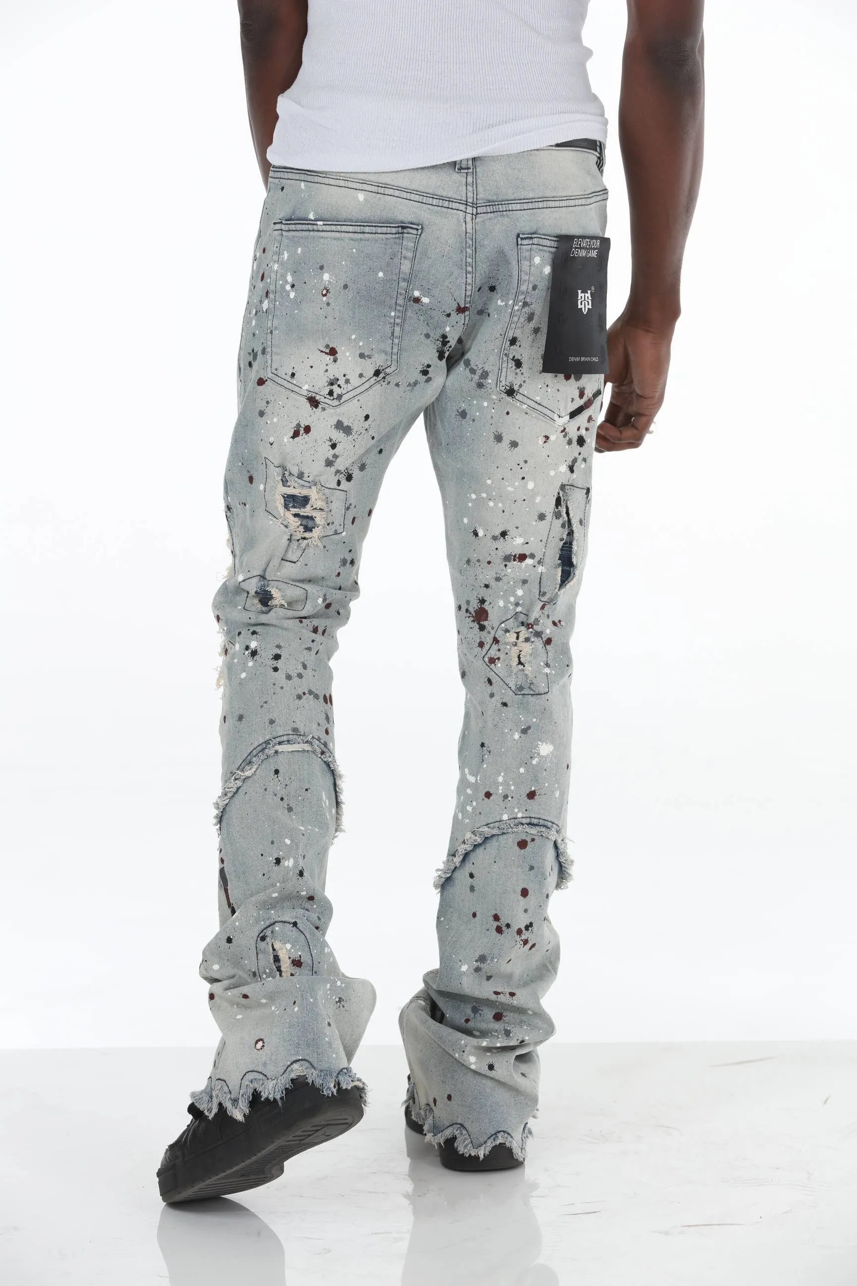 Blue Paint Splatter Stacked Flare Jeans