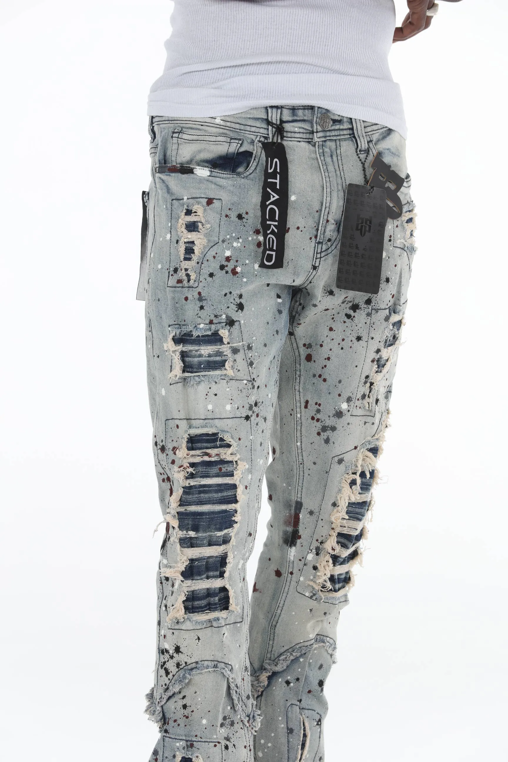 Blue Paint Splatter Stacked Flare Jeans