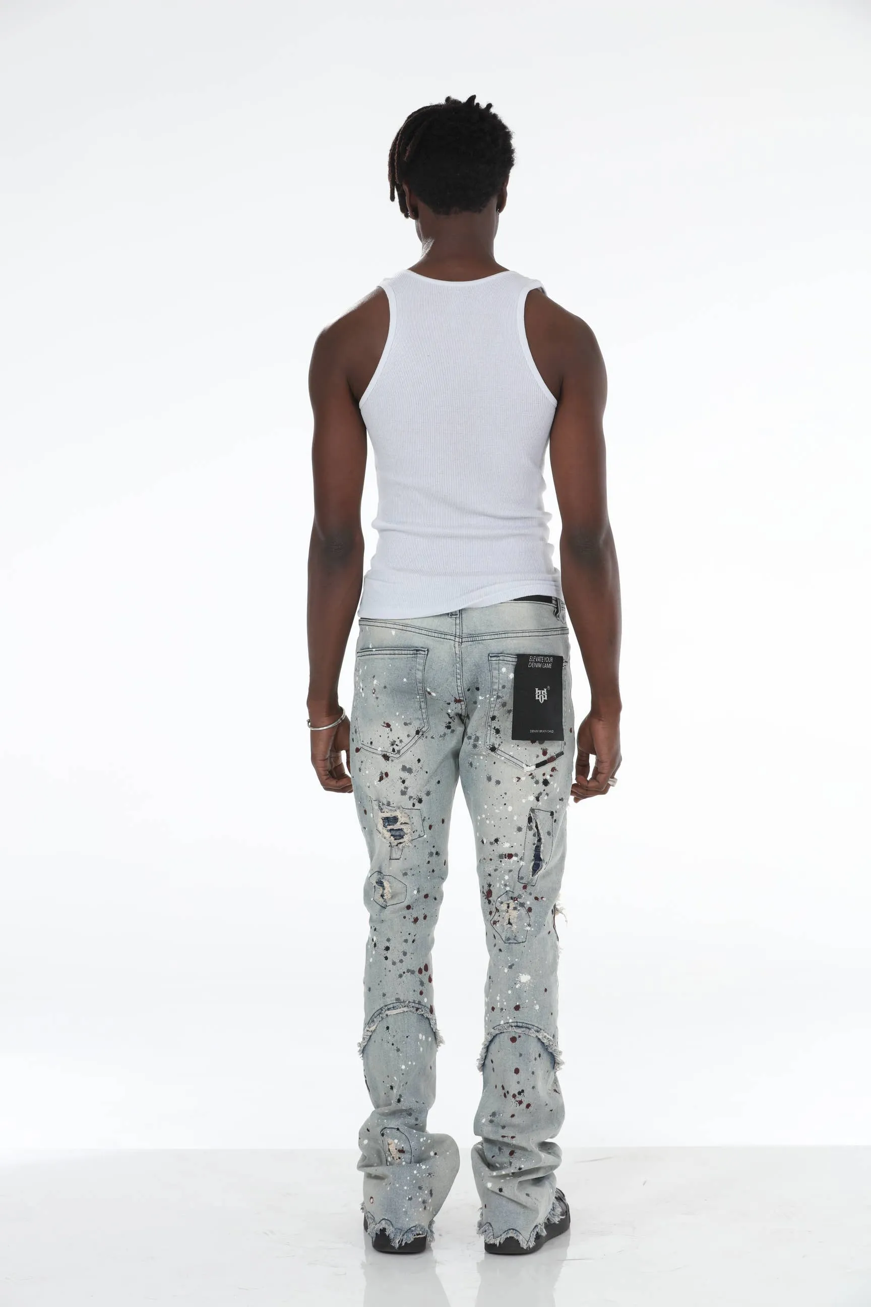 Blue Paint Splatter Stacked Flare Jeans