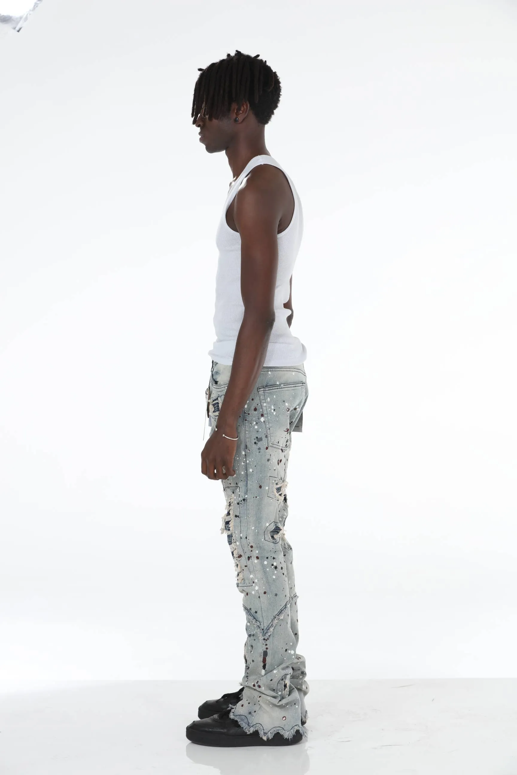 Blue Paint Splatter Stacked Flare Jeans