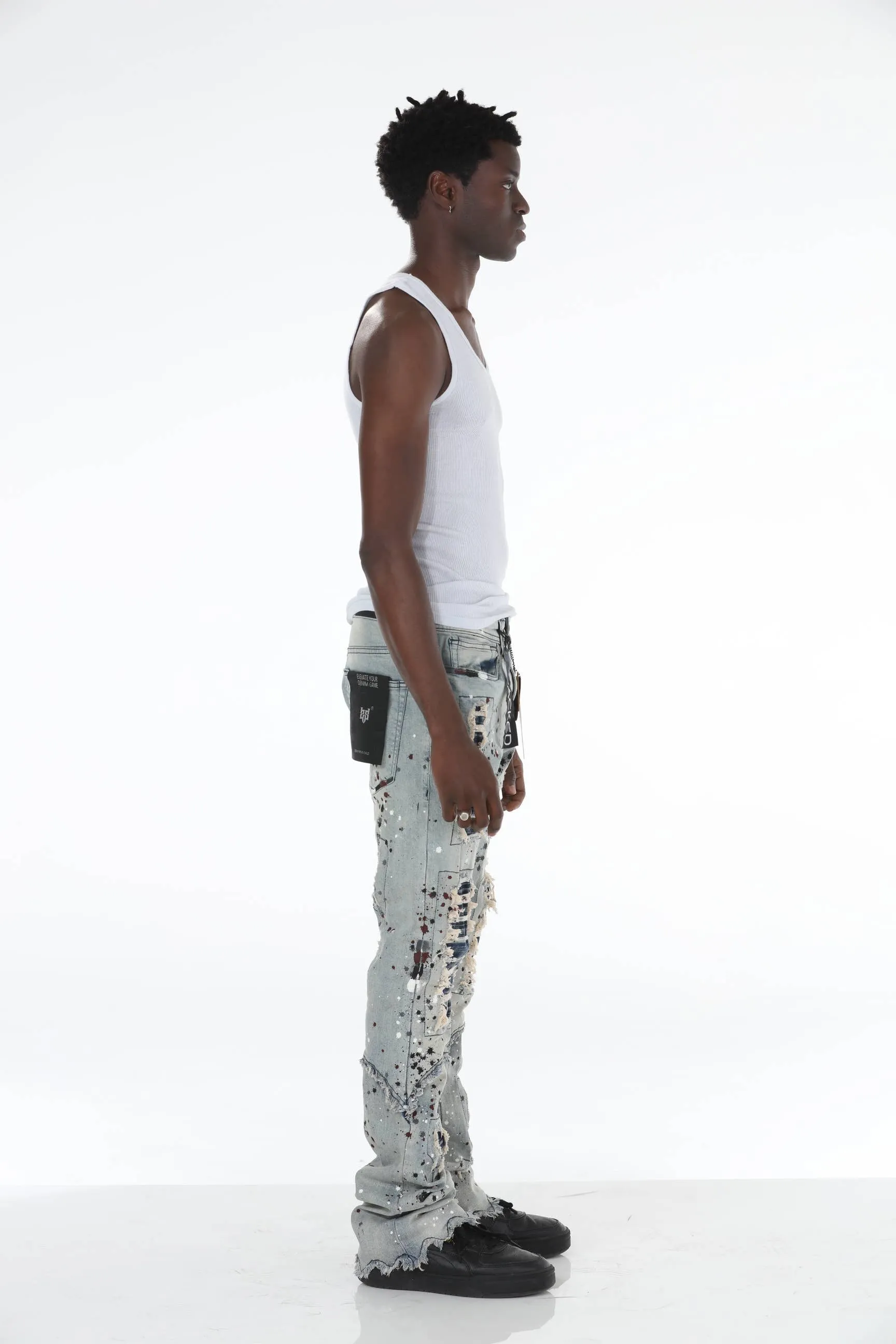 Blue Paint Splatter Stacked Flare Jeans