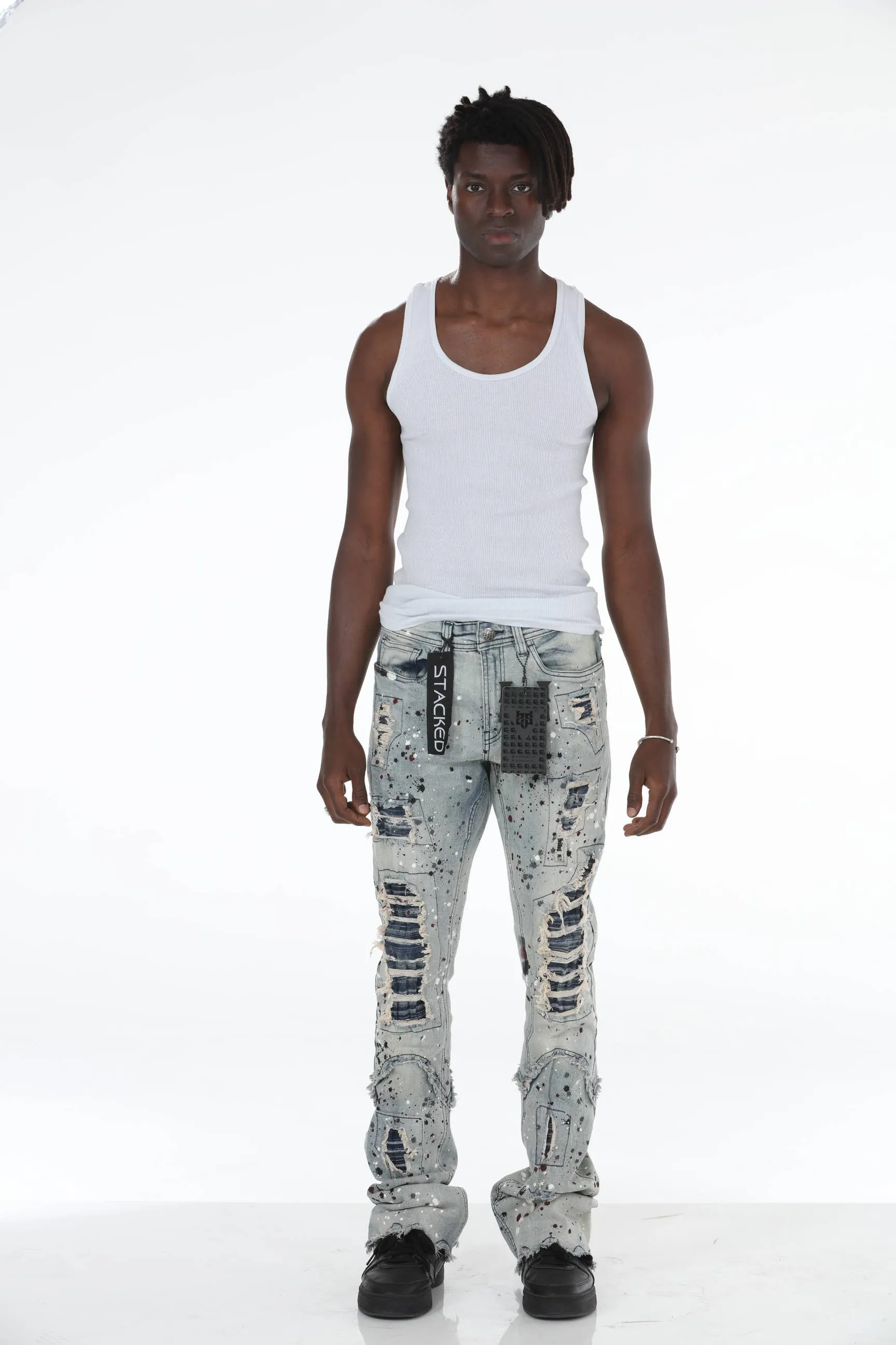 Blue Paint Splatter Stacked Flare Jeans
