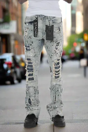 Blue Paint Splatter Stacked Flare Jeans