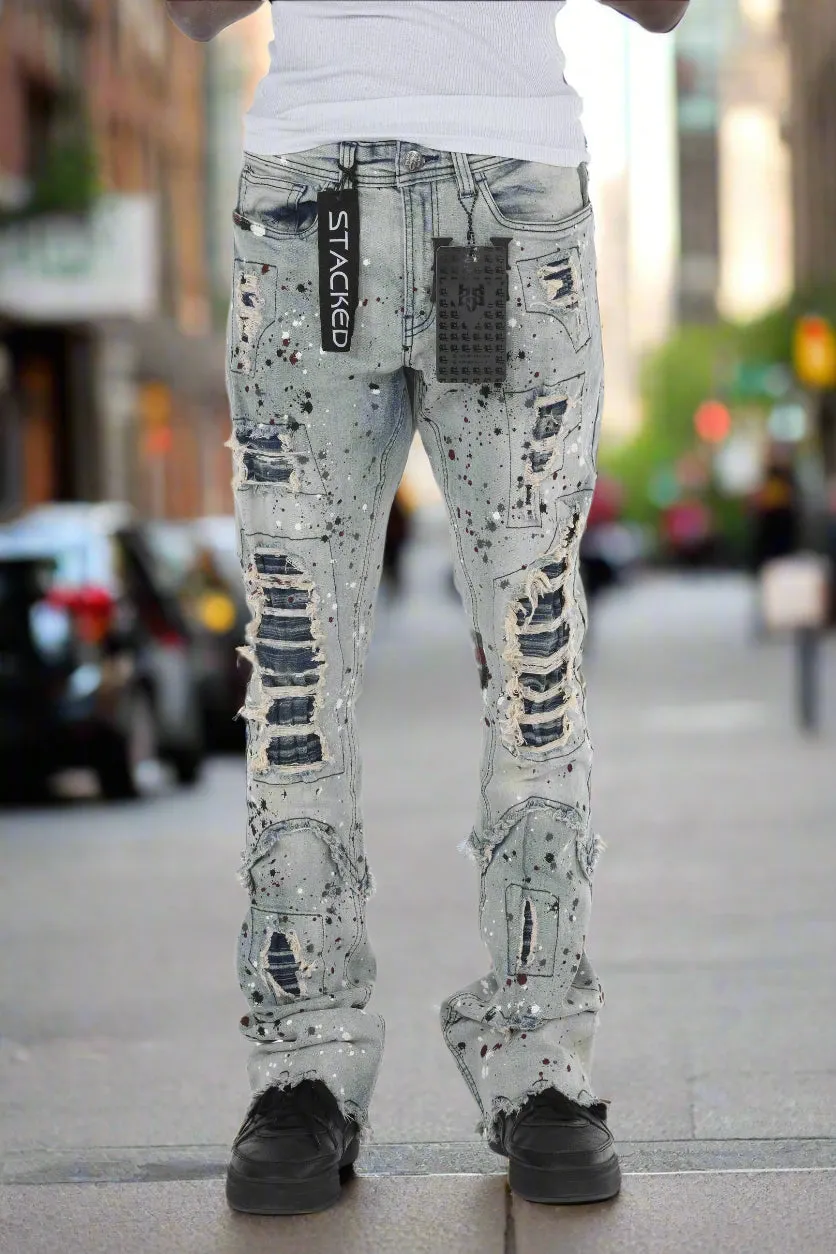 Blue Paint Splatter Stacked Flare Jeans