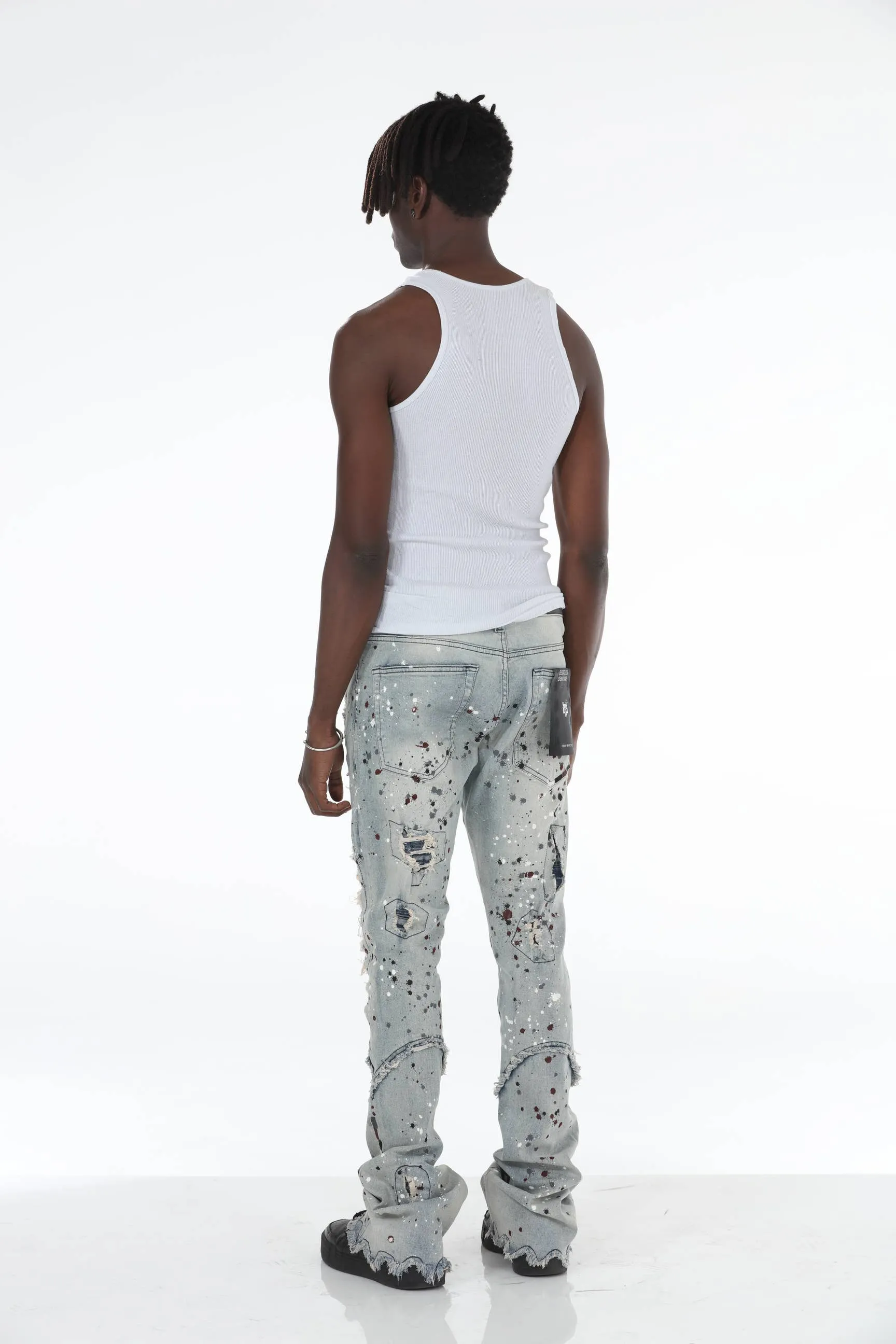 Blue Paint Splatter Stacked Flare Jeans