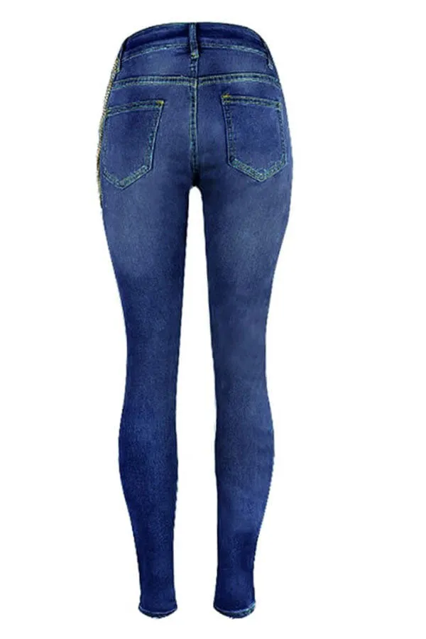 Blue Stylish Cutout Jeans with Chains