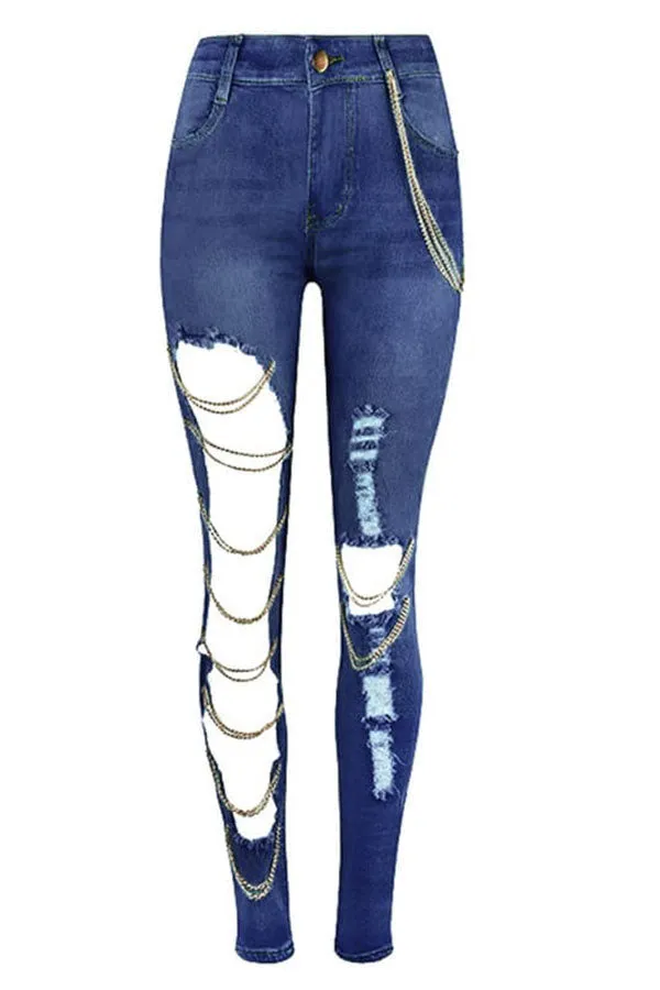 Blue Stylish Cutout Jeans with Chains