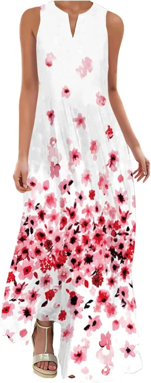 Cbcbtwo LongMaxi Dresses for Women Casual Spring Summer Fasion 2025 Sleeveless V-Neck Beach Dress Floral Print Vacation Dress