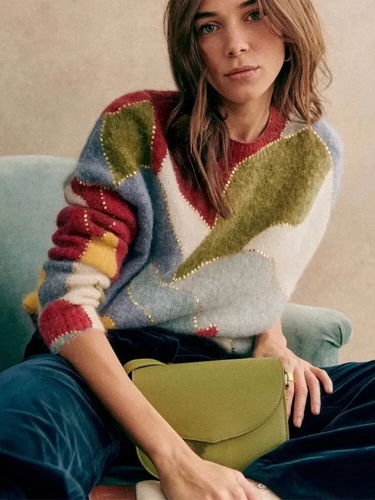 Colorful Patchwork O-neck Long Sleeve Women Sweaters