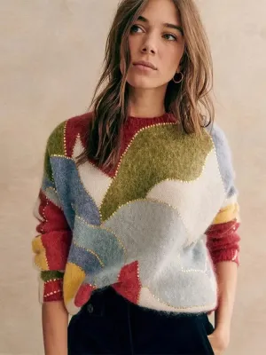 Colorful Patchwork O-neck Long Sleeve Women Sweaters