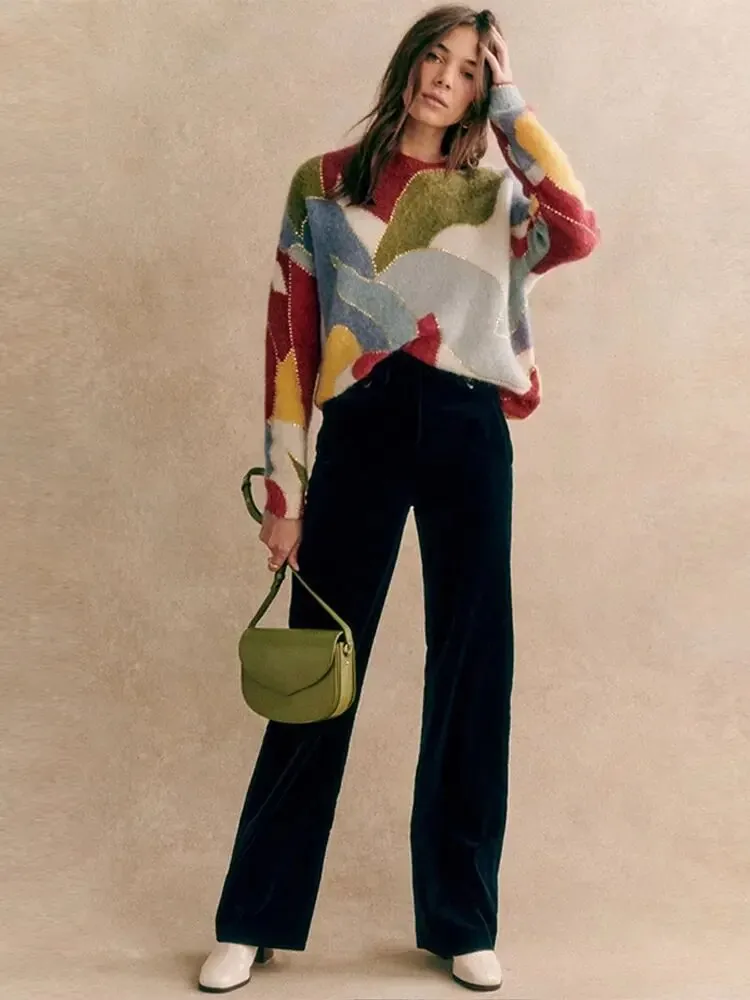 Colorful Patchwork O-neck Long Sleeve Women Sweaters