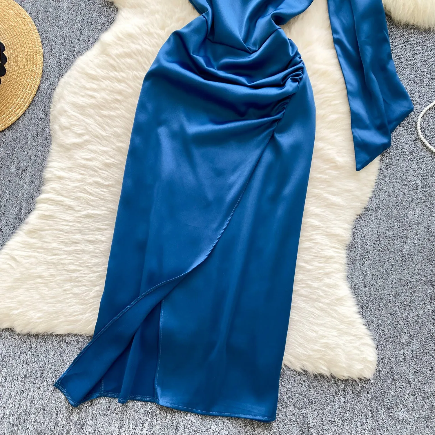 Delicate Blue Satin Dress with Ribbon