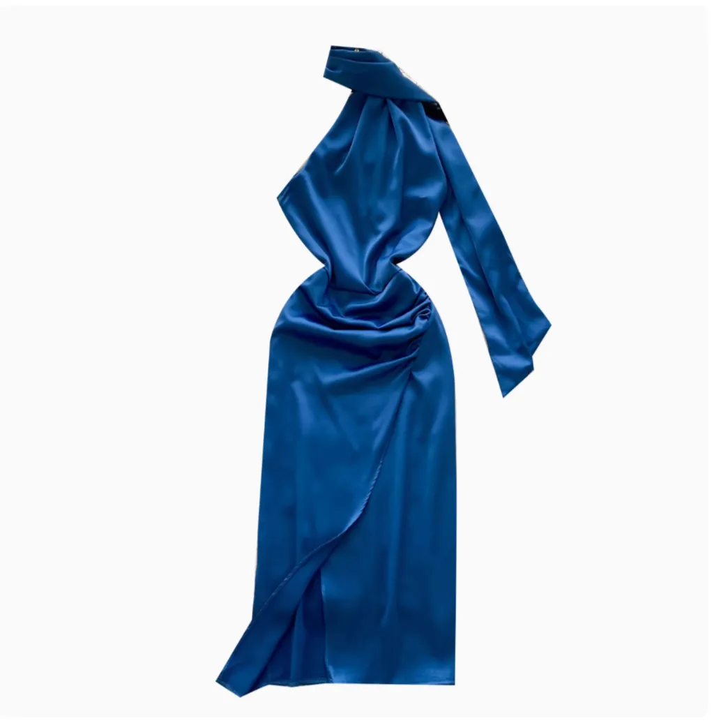 Delicate Blue Satin Dress with Ribbon