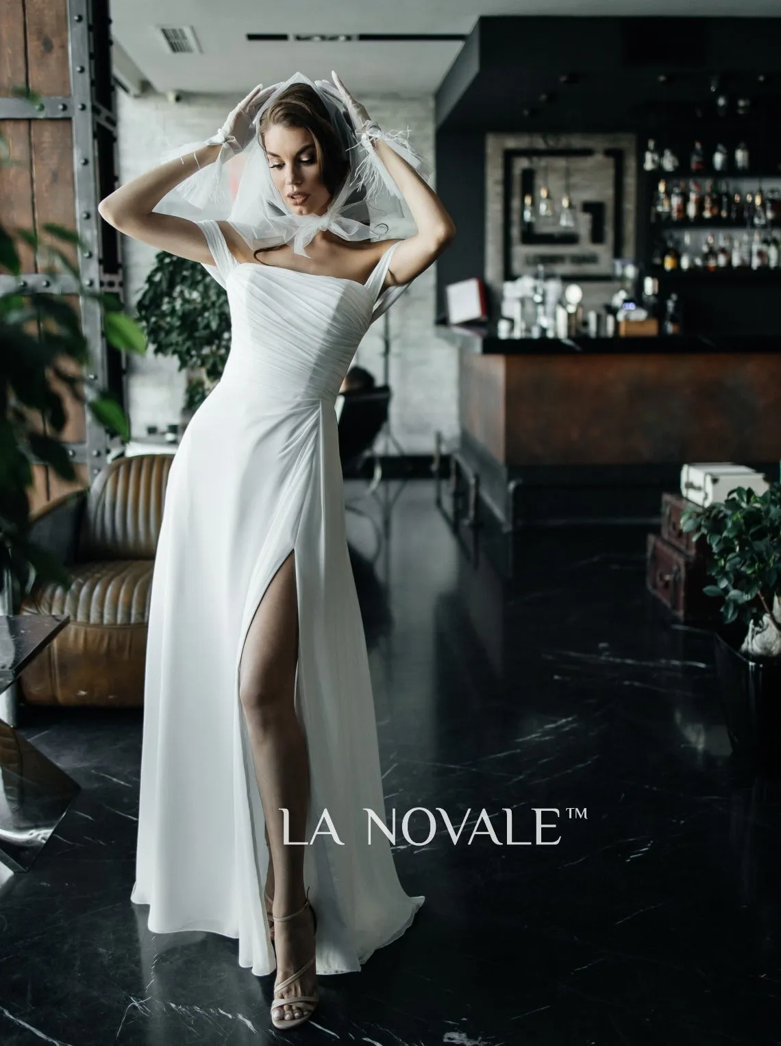 Delicate off-the-shoulder chiffon wedding dress