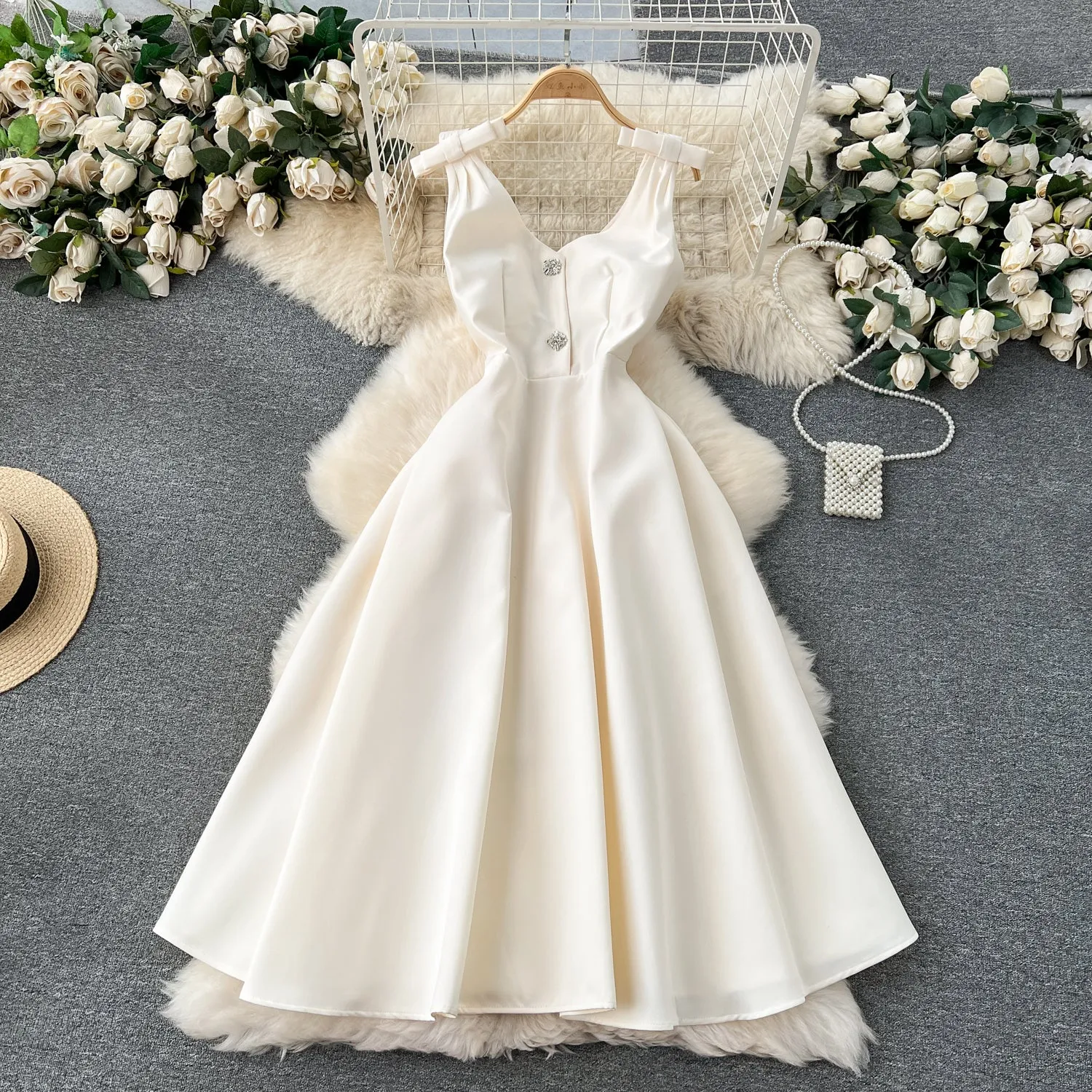 Delicate Pleated Bow Slip Dress
