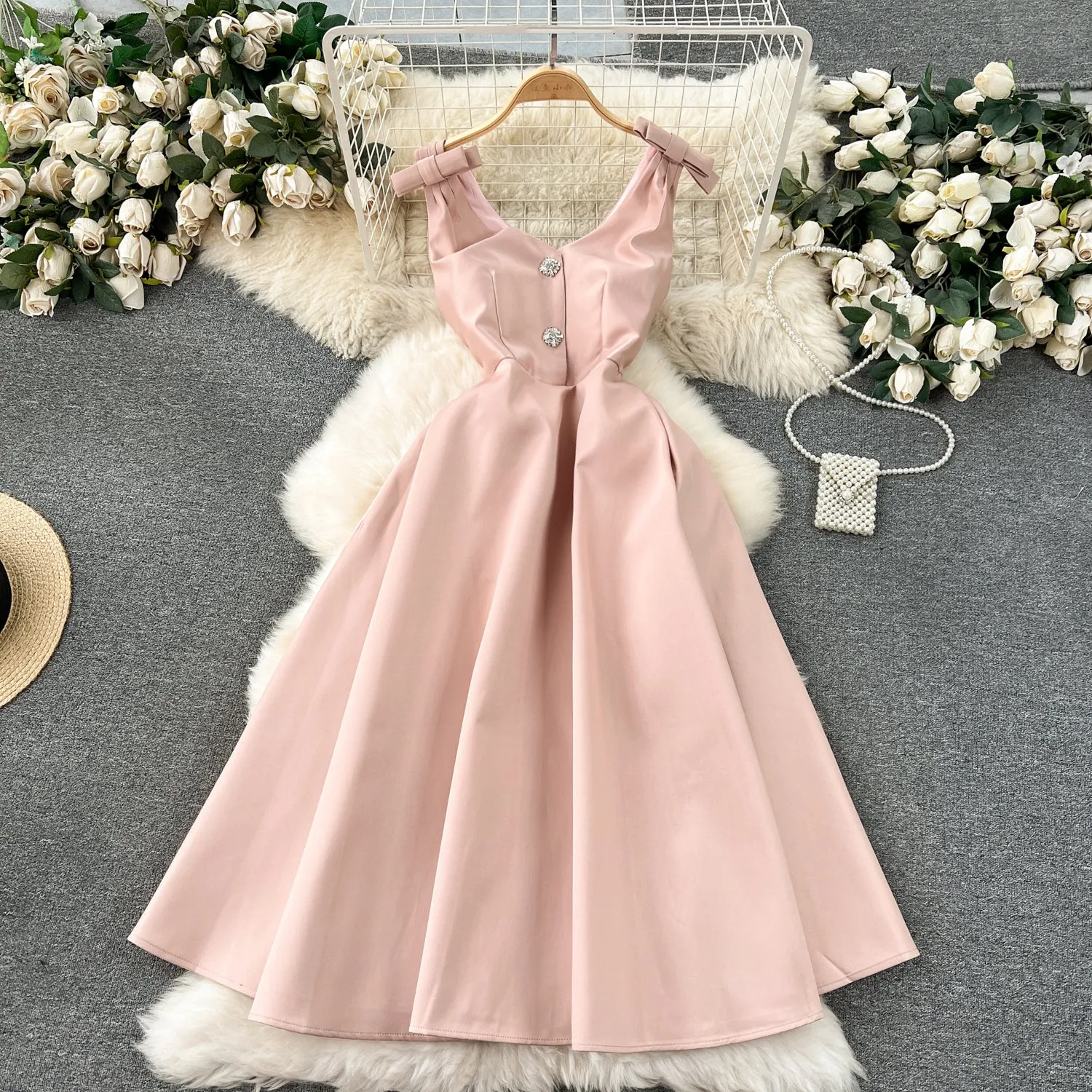 Delicate Pleated Bow Slip Dress