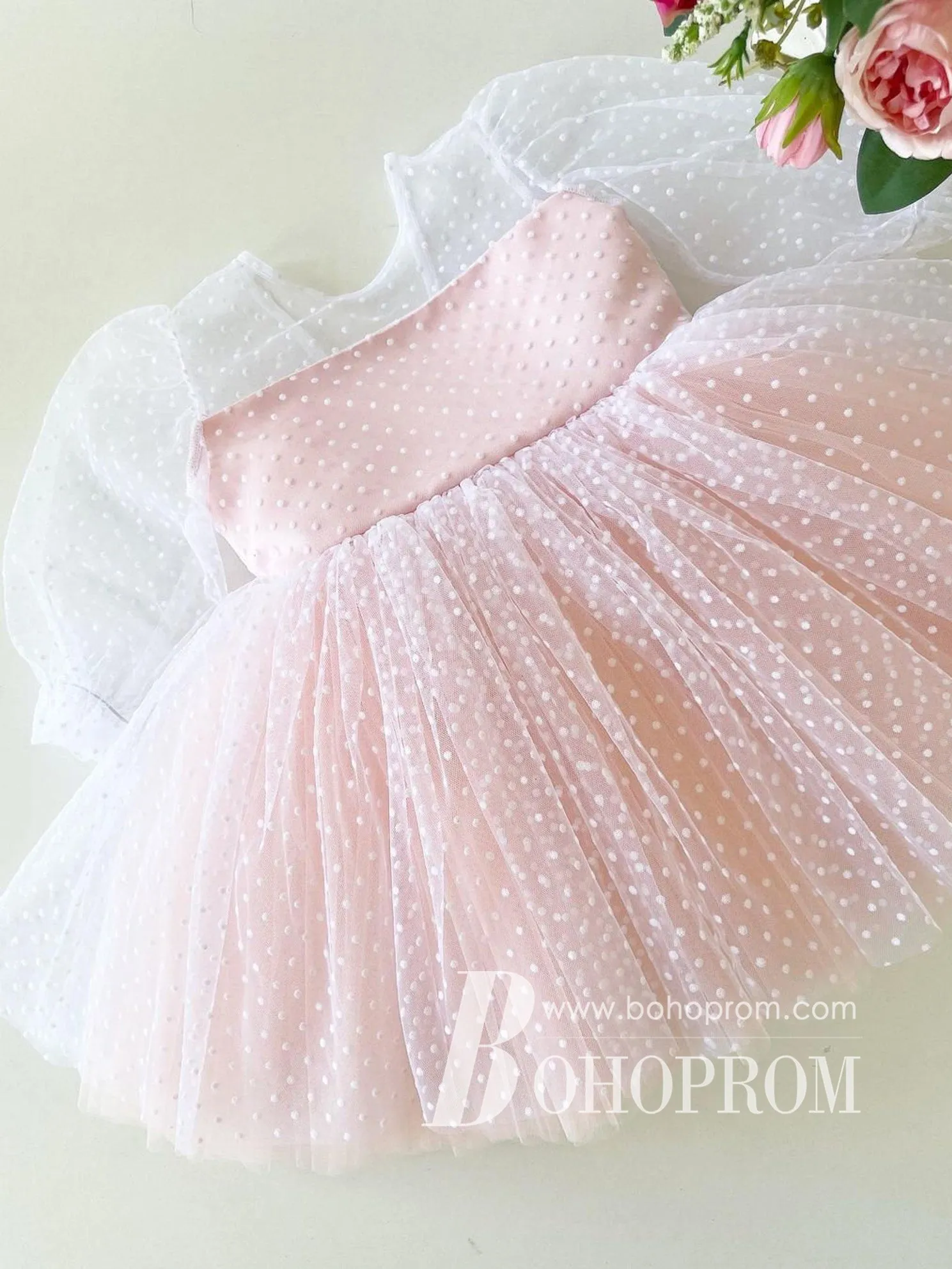 Delicate Polka Dot Tulle Bowknot Long Sleeves Flower Girl Dresses FD109
