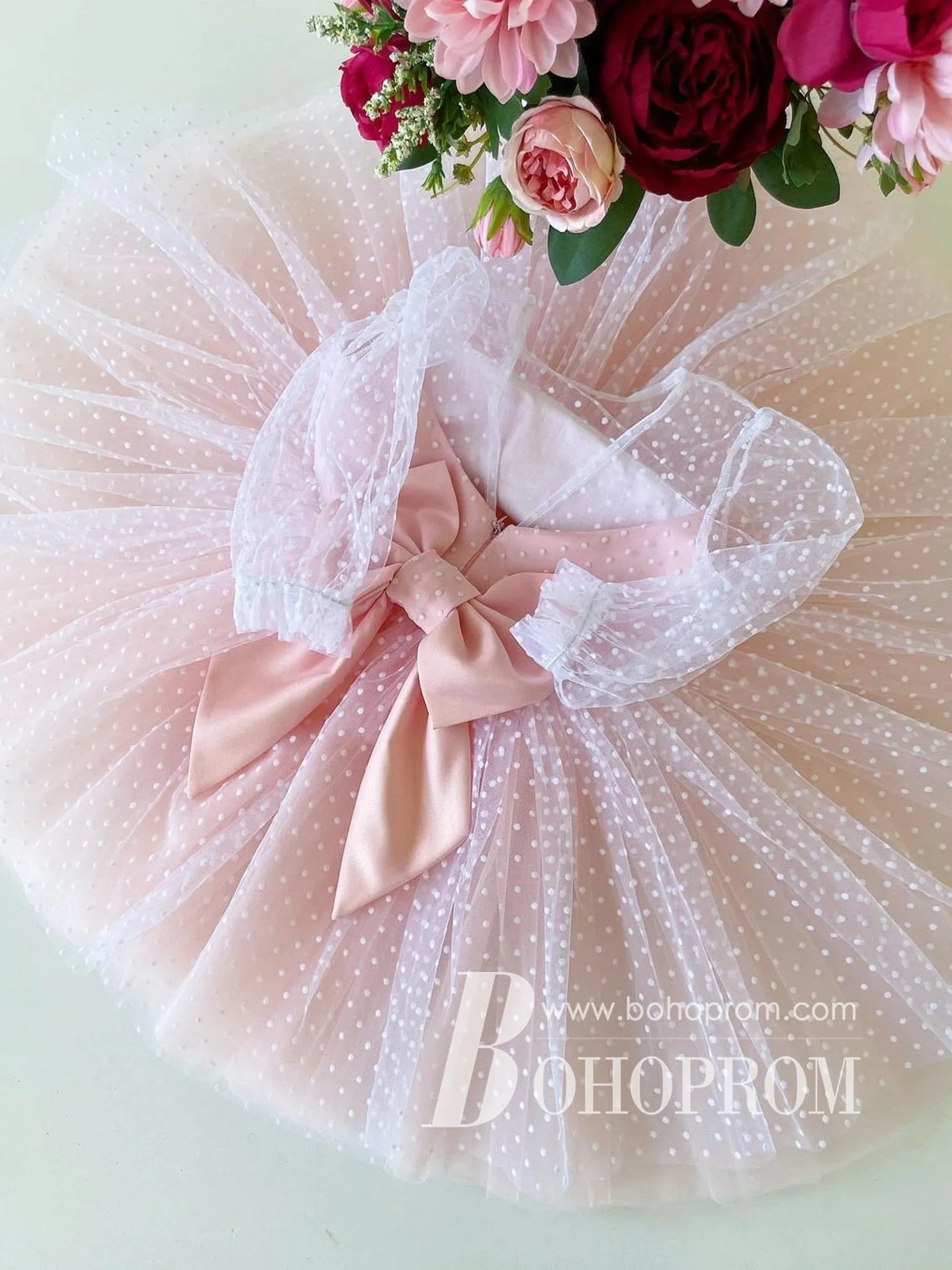 Delicate Polka Dot Tulle Bowknot Long Sleeves Flower Girl Dresses FD109