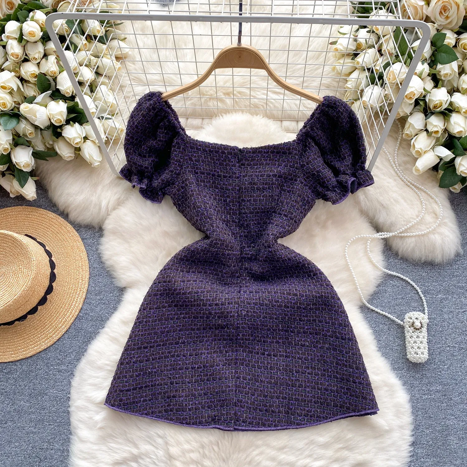 Delicate Puffy Sleeve Purple Ruffled Dress