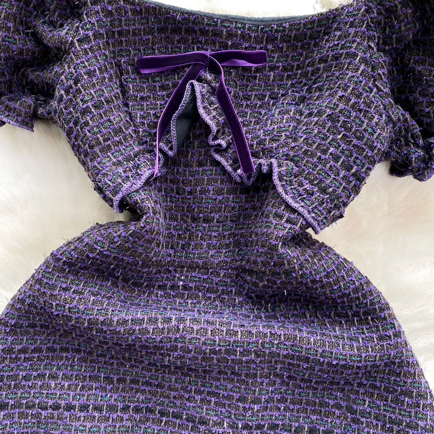 Delicate Puffy Sleeve Purple Ruffled Dress