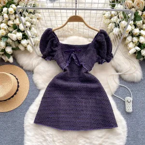 Delicate Puffy Sleeve Purple Ruffled Dress