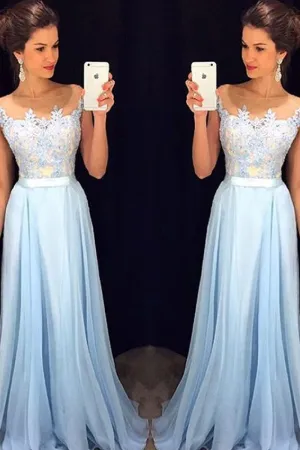 Delicate Sky Blue A-line Long Chiffon Sleeveless Scoop Prom Dresses