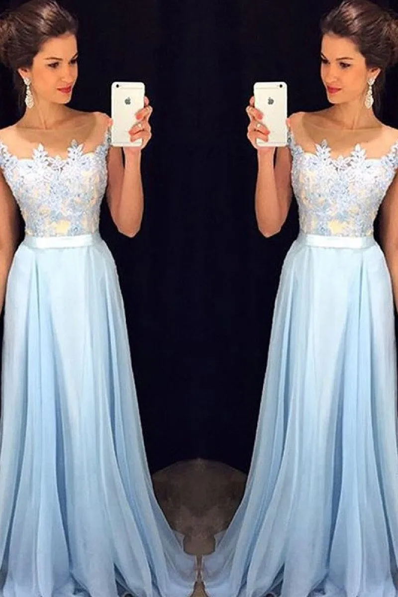 Delicate Sky Blue A-line Long Chiffon Sleeveless Scoop Prom Dresses