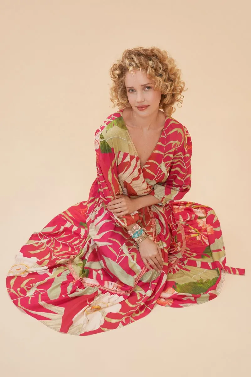 Delicate Tropical Wrap Dress - Dark Rose