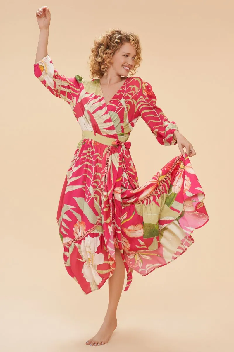 Delicate Tropical Wrap Dress - Dark Rose