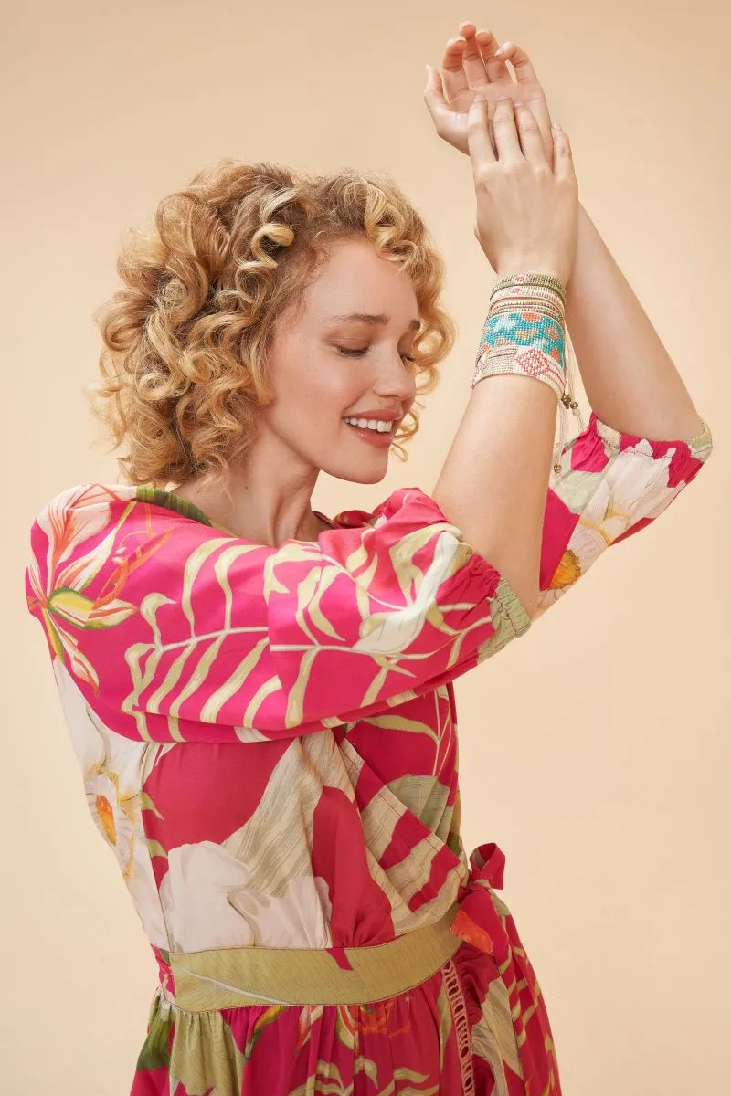 Delicate Tropical Wrap Dress - Dark Rose