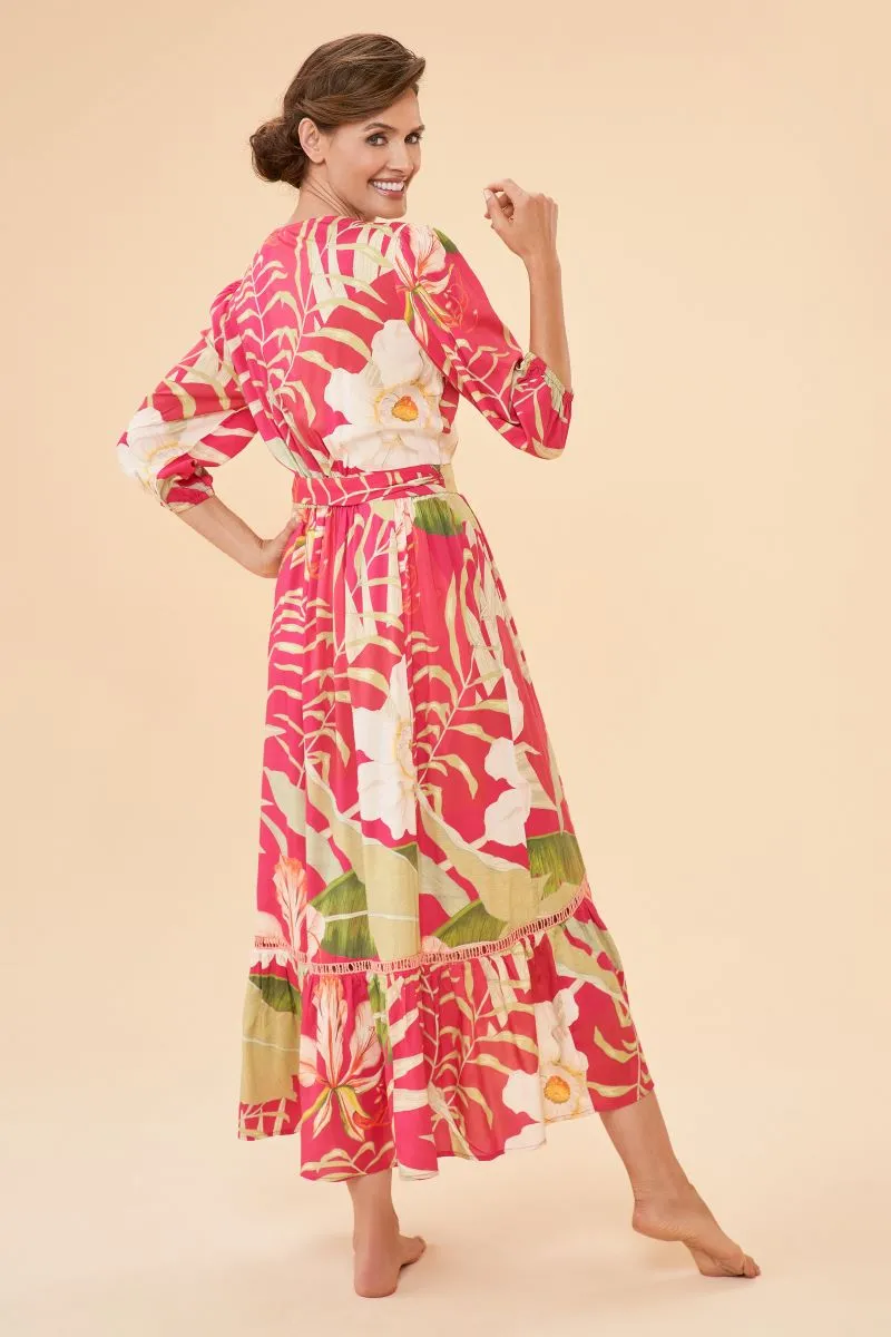 Delicate Tropical Wrap Dress - Dark Rose