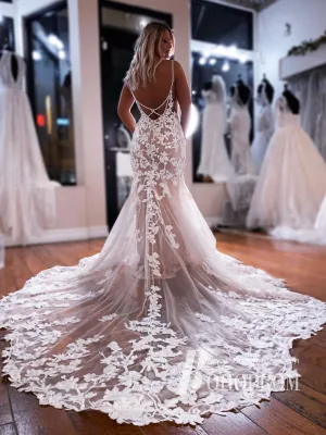 Delicate Tulle Appliques Spaghetti Straps Mermaid Chapel Train Wedding Dresses WD669