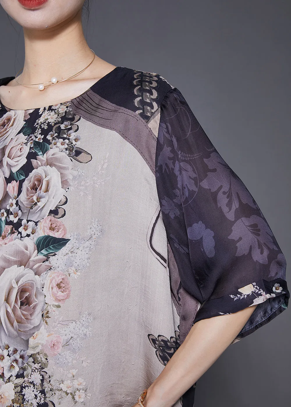 Elegant Black Oversized Print Chiffon Fake Two Piece Blouse Tops Summer LY6565