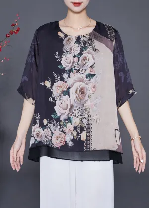Elegant Black Oversized Print Chiffon Fake Two Piece Blouse Tops Summer LY6565