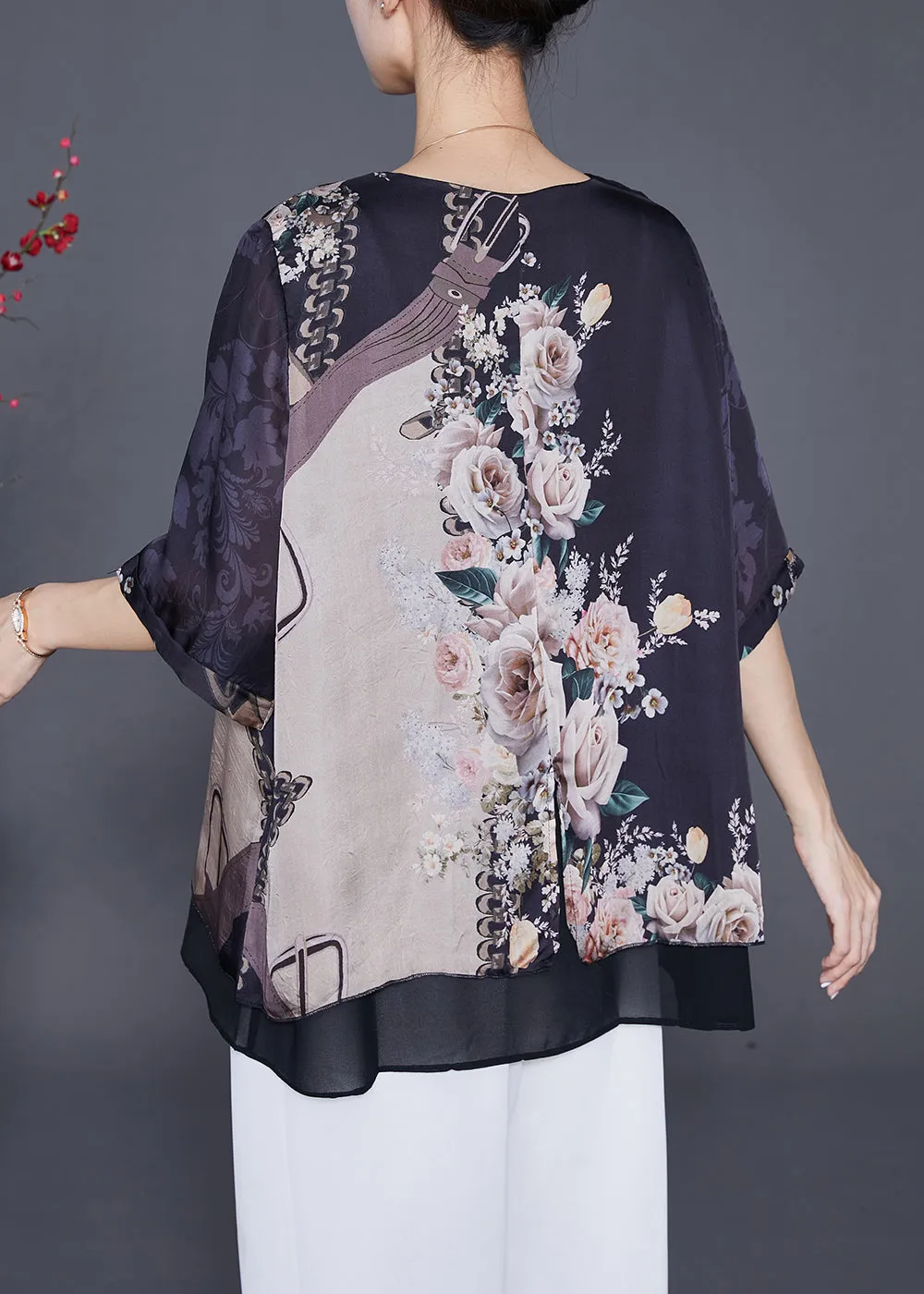 Elegant Black Oversized Print Chiffon Fake Two Piece Blouse Tops Summer LY6565