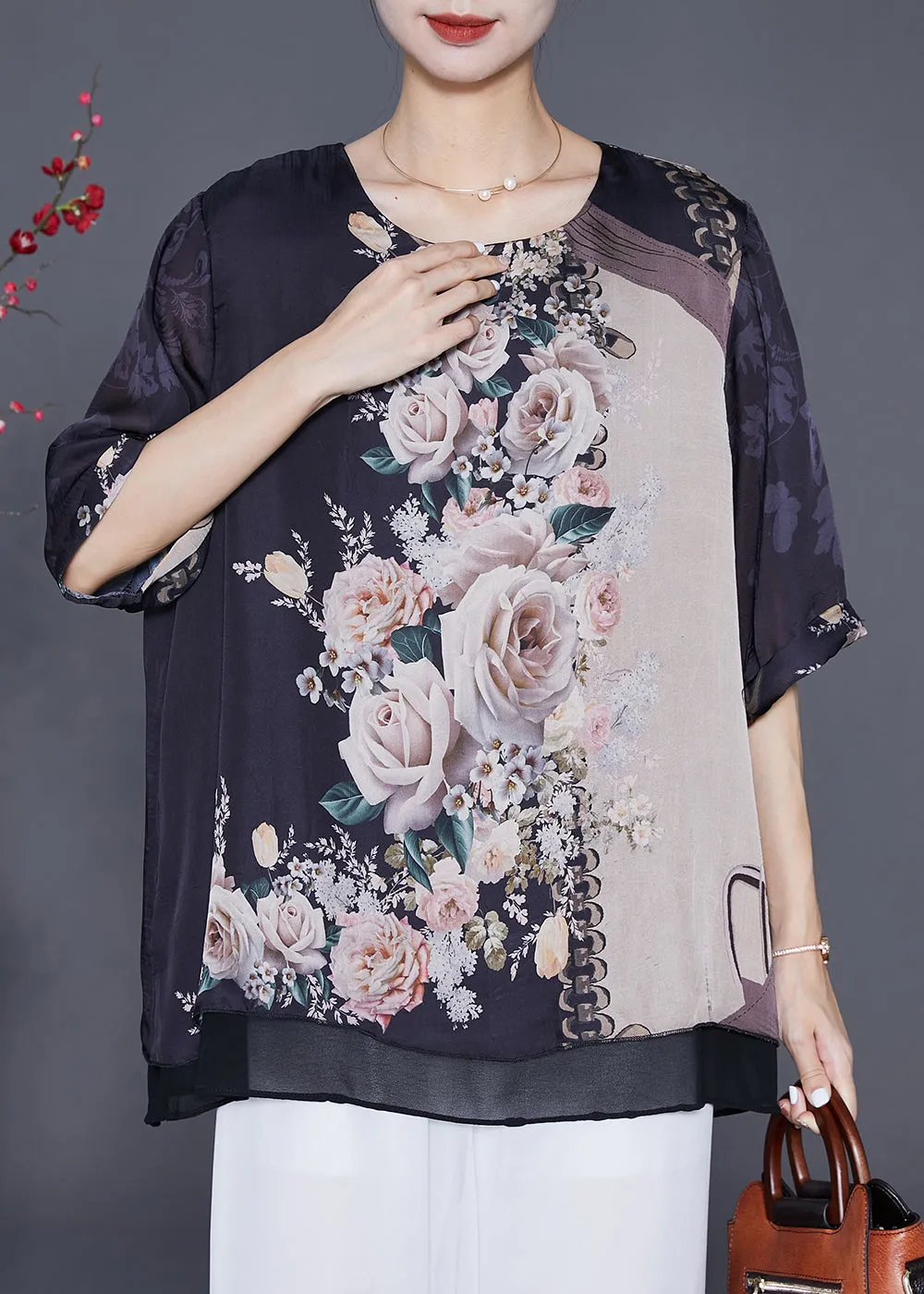 Elegant Black Oversized Print Chiffon Fake Two Piece Blouse Tops Summer LY6565