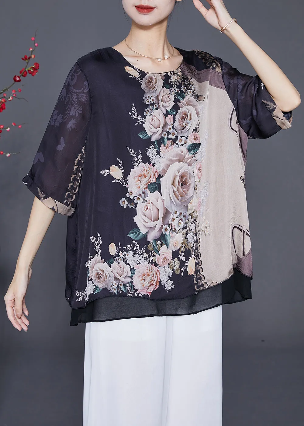 Elegant Black Oversized Print Chiffon Fake Two Piece Blouse Tops Summer LY6565