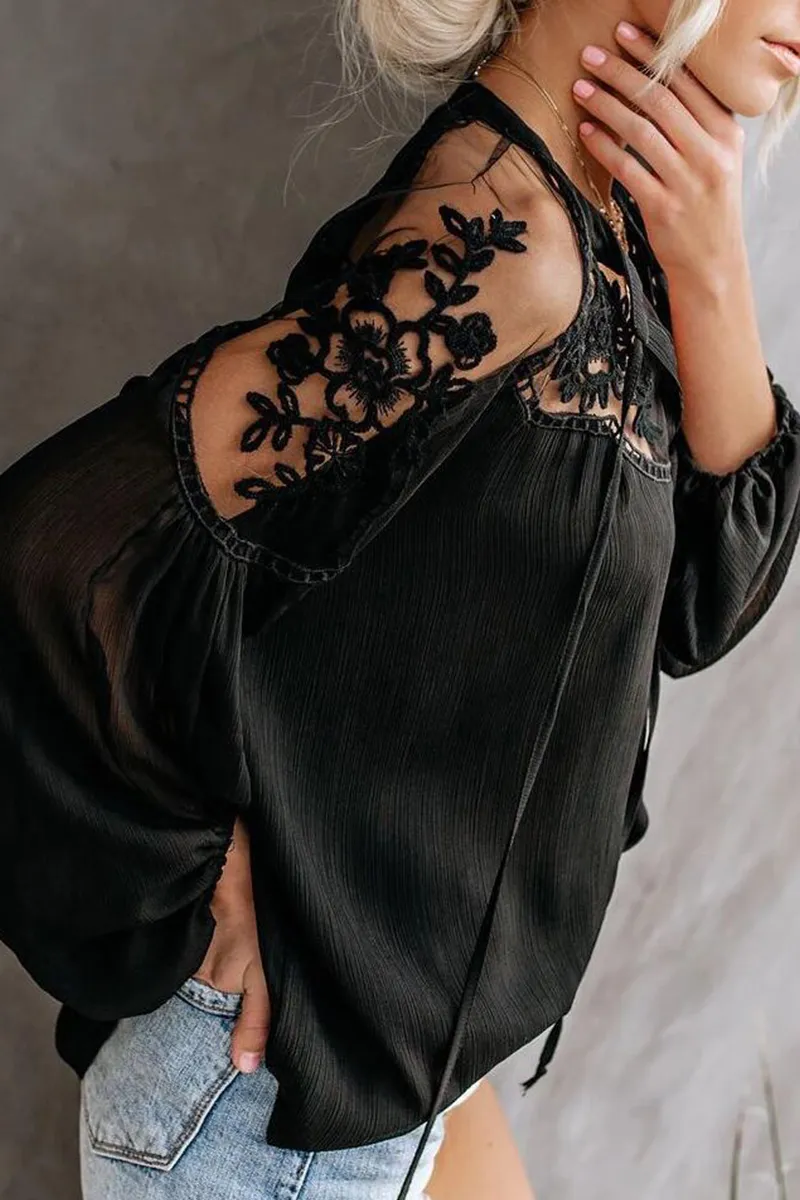 Elegant Solid Lace Frenulum See-through V Neck Tops(3 Colors)