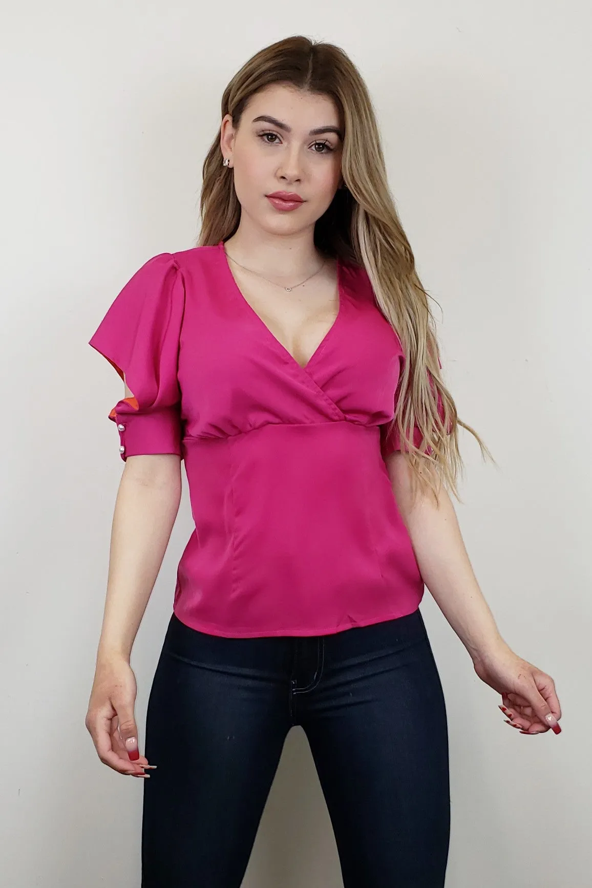 Fuchsia V Neck Top