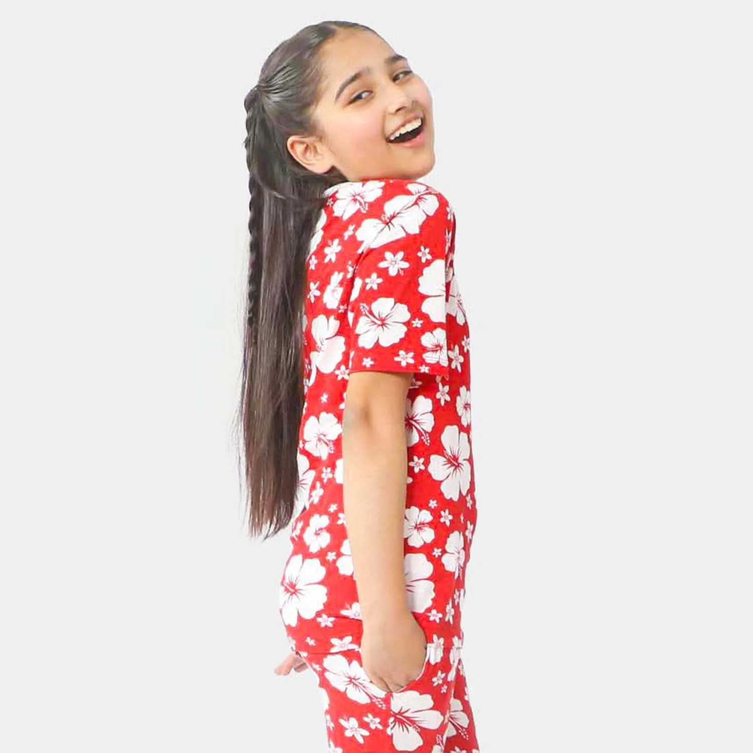 Girls Cotton T-Shirt White Flower - Red