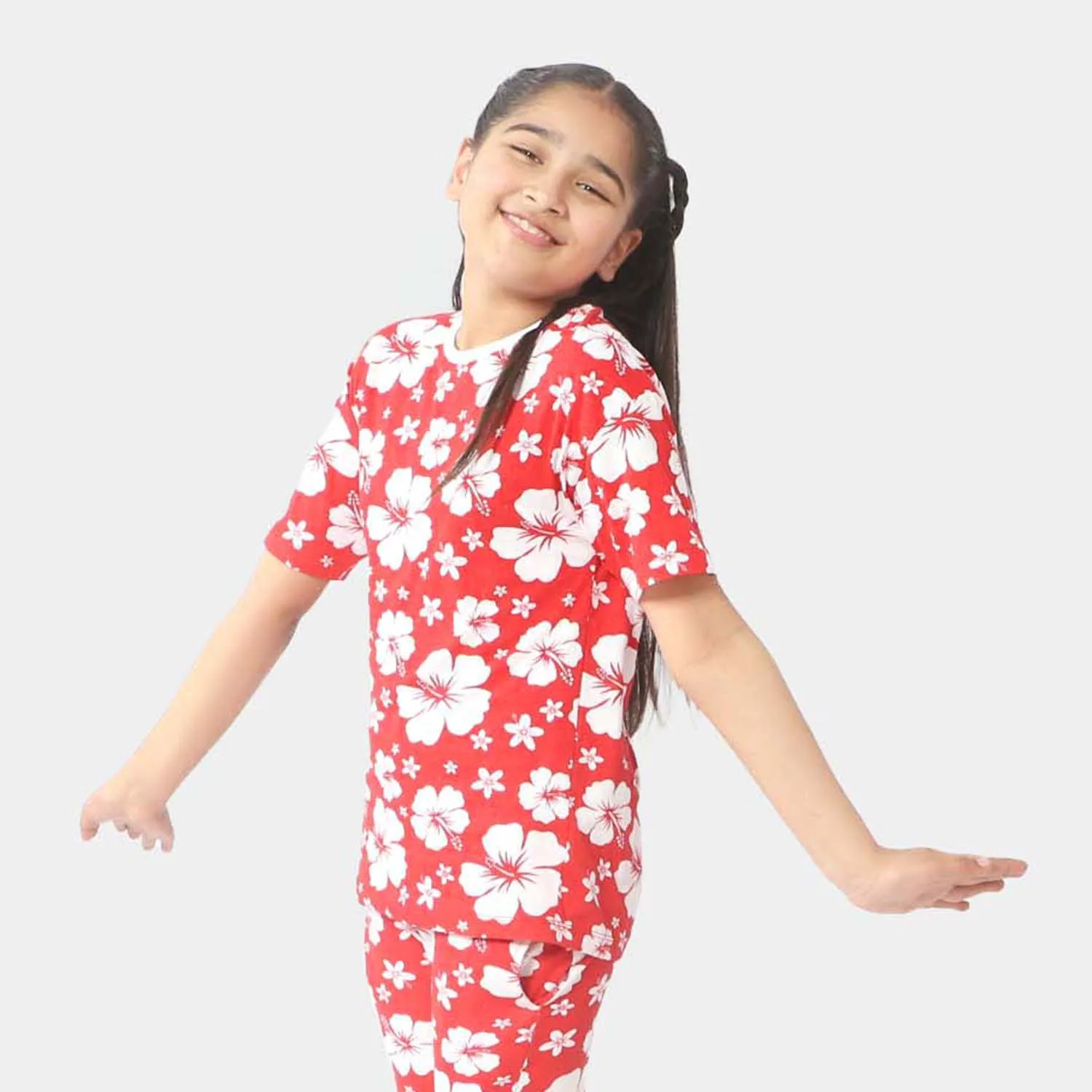 Girls Cotton T-Shirt White Flower - Red