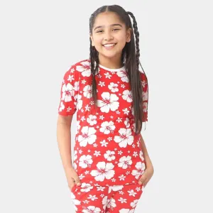 Girls Cotton T-Shirt White Flower - Red