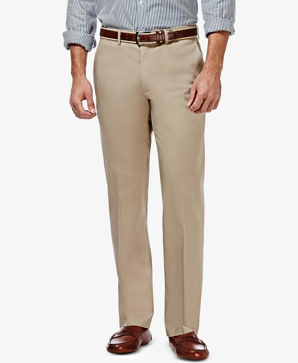 Haggar Mens Straight fit Casual Pants 36 / 34 Beige Solid Stretch