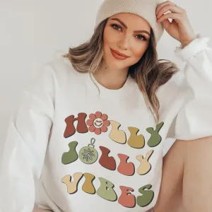 Holly Jolly Vibes Christmas Crewneck Sweatshirt Women's Retro Design White or Ash Christmas Pullover Warm Cozy Gildan Sweatshirt