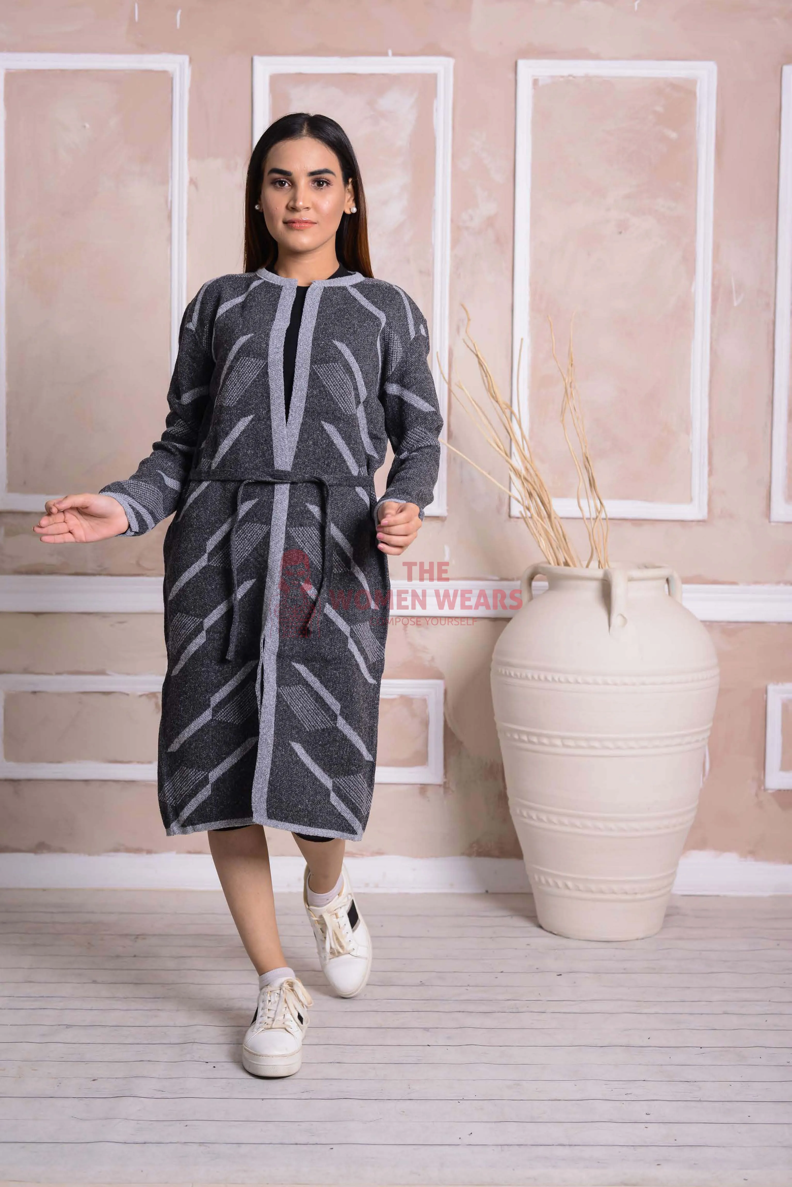 Imported Front Open Gunmetal Cozy Belted Cardigan Sweater - (CGN40)