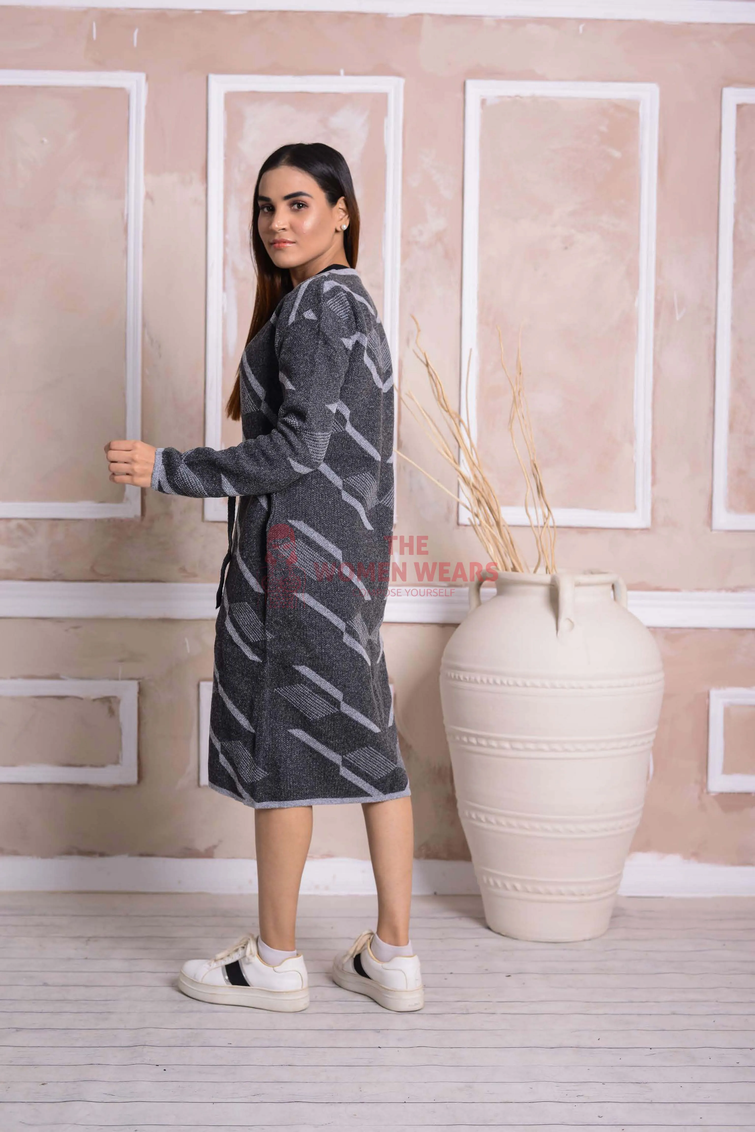 Imported Front Open Gunmetal Cozy Belted Cardigan Sweater - (CGN40)