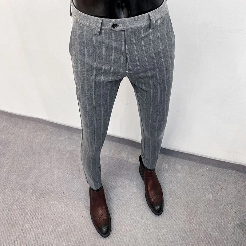 Jinquedai Suit Trousers for Men New High-quality Stripes Slim Dress Suit Pants Fashion Casual Mens Clothing Formal Full Length Pants